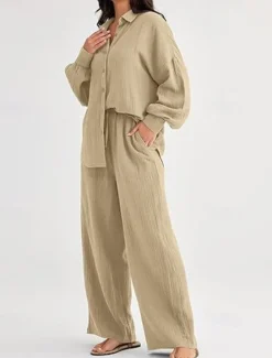 Best Women's Fashion Streetwear Shirt Two Piece Sets Pants Sets Long Sleeve Shirt Collar Solid Color Drawstring Daily Wear Date Black Wine Army Green Spring Regular Fit Women Sets