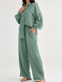 Best Women's Fashion Streetwear Shirt Two Piece Sets Pants Sets Long Sleeve Shirt Collar Solid Color Drawstring Daily Wear Date Black Wine Army Green Spring Regular Fit Women Sets