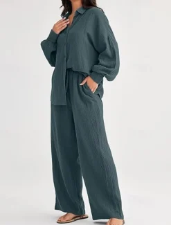 Best Women's Fashion Streetwear Shirt Two Piece Sets Pants Sets Long Sleeve Shirt Collar Solid Color Drawstring Daily Wear Date Black Wine Army Green Spring Regular Fit Women Sets