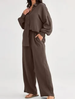 Best Women's Fashion Streetwear Shirt Two Piece Sets Pants Sets Long Sleeve Shirt Collar Solid Color Drawstring Daily Wear Date Black Wine Army Green Spring Regular Fit Women Sets