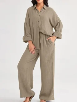 Best Women's Fashion Streetwear Shirt Two Piece Sets Pants Sets Long Sleeve Shirt Collar Solid Color Drawstring Daily Wear Date Black Wine Army Green Spring Regular Fit Women Sets