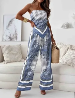 Best Women's Fashion Streetwear Daily Camisole Wide Leg Pants Sleeveless Strap Floral Backless Print Casual Daily Black Navy Blue Sky Blue Summer Regular Fit Women Two Piece Sets