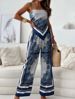 Best Women's Fashion Streetwear Daily Camisole Wide Leg Pants Sleeveless Strap Floral Backless Print Casual Daily Black Navy Blue Sky Blue Summer Regular Fit Women Two Piece Sets