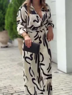 New Women's Fashion Streetwear Daily Shirt Blouse Wide Leg Pants Long Sleeve Shirt Collar Graphic Print Casual Daily Spring & Fall Regular Fit Women Two Piece Sets