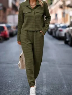 Hot Women's Fashion Streetwear Daily Shirt Chinos Long Sleeve Shirt Collar Plain Casual Daily Pink Green Khaki Fall Regular Fit Women Two Piece Sets