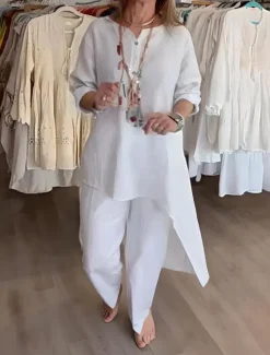 Online Women's Fashion Streetwear Daily Shirt Cotton Linen Sets Two Piece Sets Wide Leg Pants Long Sleeve V Neck Plain Casual Daily Black White Blue Summer Regular Fit Women Sets