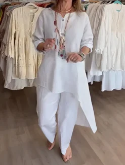 Online Women's Fashion Streetwear Daily Shirt Cotton Linen Sets Two Piece Sets Wide Leg Pants Long Sleeve V Neck Plain Casual Daily Black White Blue Summer Regular Fit Women Sets