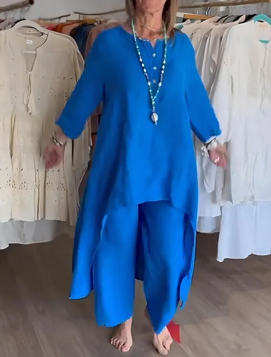Online Women's Fashion Streetwear Daily Shirt Cotton Linen Sets Two Piece Sets Wide Leg Pants Long Sleeve V Neck Plain Casual Daily Black White Blue Summer Regular Fit Women Sets