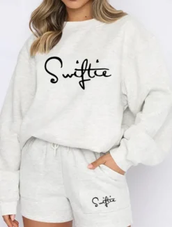 Discount Women's Fashion Streetwear Daily Sweatshirt Sweat Shorts Long Sleeve Crew Neck Plain Drawstring Print Casual Daily Black White Blue Fall Regular Fit Women Two Piece Sets