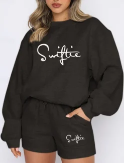 Discount Women's Fashion Streetwear Daily Sweatshirt Sweat Shorts Long Sleeve Crew Neck Plain Drawstring Print Casual Daily Black White Blue Fall Regular Fit Women Two Piece Sets