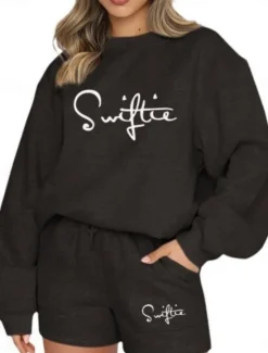 Discount Women's Fashion Streetwear Daily Sweatshirt Sweat Shorts Long Sleeve Crew Neck Plain Drawstring Print Casual Daily Black White Blue Fall Regular Fit Women Two Piece Sets