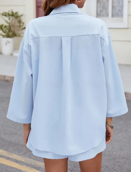 New Women's Fashion Streetwear Daily Shirt Baggy Shorts Long Sleeve Shirt Collar Plain Casual Daily Black Sky Blue Green Spring & Fall Regular Fit Women Two Piece Sets