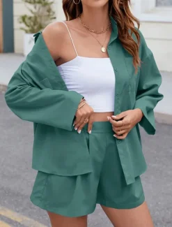 New Women's Fashion Streetwear Daily Shirt Baggy Shorts Long Sleeve Shirt Collar Plain Casual Daily Black Sky Blue Green Spring & Fall Regular Fit Women Two Piece Sets