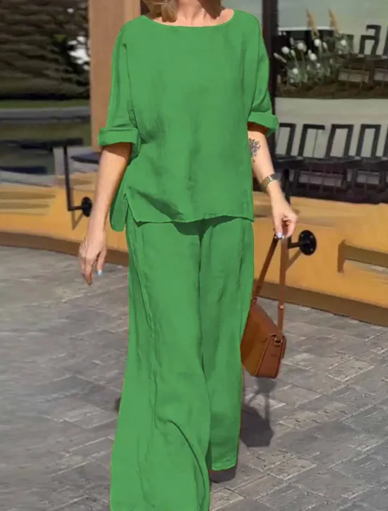 Online Women's Fashion Streetwear Daily Shirt Blouse Wide Leg Pants Long Sleeve Crew Neck Plain Casual Daily Yellow Blue Green Spring & Fall Regular Fit Women Two Piece Sets