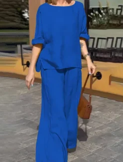 Online Women's Fashion Streetwear Daily Shirt Blouse Wide Leg Pants Long Sleeve Crew Neck Plain Casual Daily Yellow Blue Green Spring & Fall Regular Fit Women Two Piece Sets