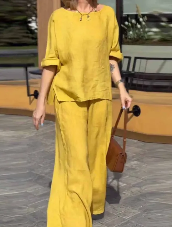 Online Women's Fashion Streetwear Daily Shirt Blouse Wide Leg Pants Long Sleeve Crew Neck Plain Casual Daily Yellow Blue Green Spring & Fall Regular Fit Women Two Piece Sets