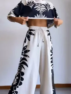 Online Women's Fashion Streetwear Daily Blouse Wide Leg Pants 3/4 Length Sleeve Crew Neck Floral Drawstring Casual Daily Spring & Fall Regular Fit Women Two Piece Sets