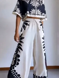 Online Women's Fashion Streetwear Daily Blouse Wide Leg Pants 3/4 Length Sleeve Crew Neck Floral Drawstring Casual Daily Spring & Fall Regular Fit Women Two Piece Sets