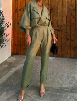 New Women's Fashion Streetwear Daily Shirt Wide Leg Pants Long Sleeve Shirt Collar Plain Formal Office Fall Regular Fit Women Two Piece Sets