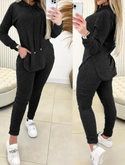 Outlet Women's Fashion Streetwear Daily Hoodie Chinos Long Sleeve Hooded Plain Casual Daily Black Blue Green Fall Regular Fit Women Two Piece Sets