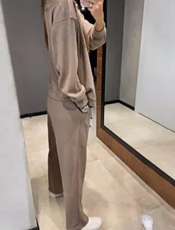 Best Women's Fashion Streetwear Daily Pants Sets Long Sleeve V Neck Plain Casual Daily Black Army Green Blue Fall Regular Fit Women Two Piece Sets