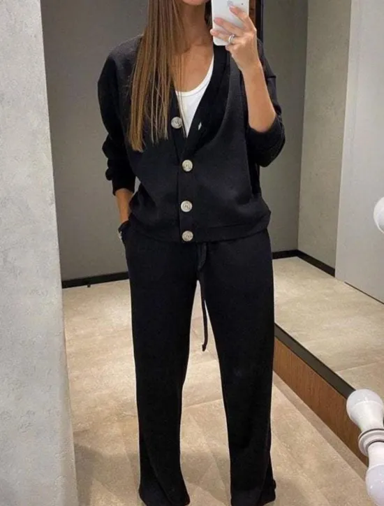 Best Women's Fashion Streetwear Daily Pants Sets Long Sleeve V Neck Plain Casual Daily Black Army Green Blue Fall Regular Fit Women Two Piece Sets