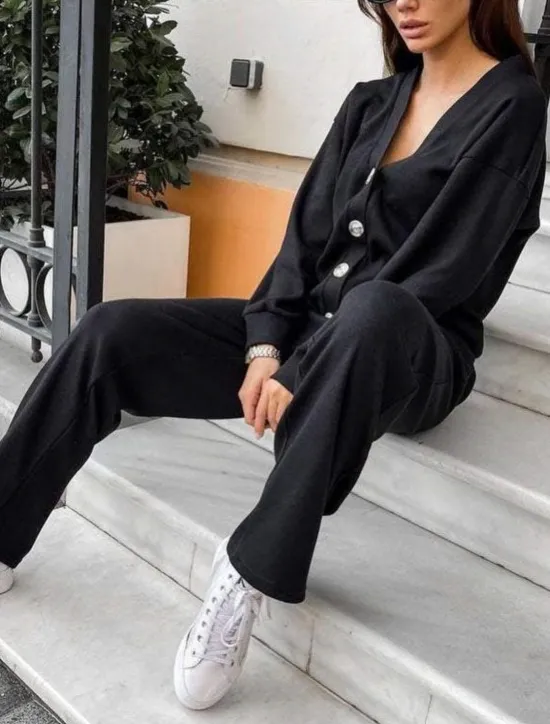 Best Women's Fashion Streetwear Daily Pants Sets Long Sleeve V Neck Plain Casual Daily Black Army Green Blue Fall Regular Fit Women Two Piece Sets