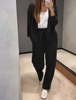 Best Women's Fashion Streetwear Daily Pants Sets Long Sleeve V Neck Plain Casual Daily Black Army Green Blue Fall Regular Fit Women Two Piece Sets