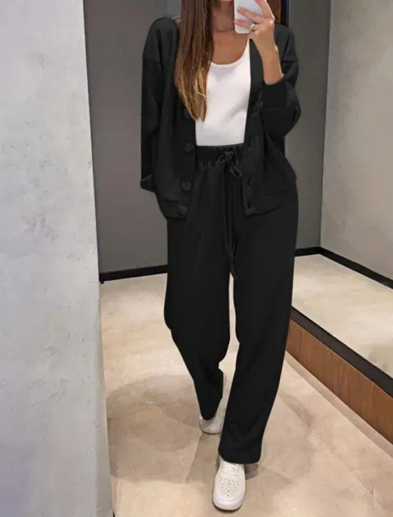 Best Women's Fashion Streetwear Daily Pants Sets Long Sleeve V Neck Plain Casual Daily Black Army Green Blue Fall Regular Fit Women Two Piece Sets