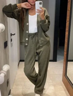 Best Women's Fashion Streetwear Daily Pants Sets Long Sleeve V Neck Plain Casual Daily Black Army Green Blue Fall Regular Fit Women Two Piece Sets