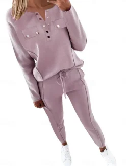 Online Women's Fashion Streetwear Daily Blouse Chinos Long Sleeve Crew Neck Plain Casual Daily Pink Brown Fall Regular Fit Women Two Piece Sets