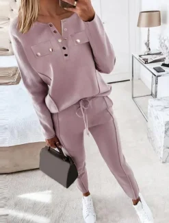 Online Women's Fashion Streetwear Daily Blouse Chinos Long Sleeve Crew Neck Plain Casual Daily Pink Brown Fall Regular Fit Women Two Piece Sets