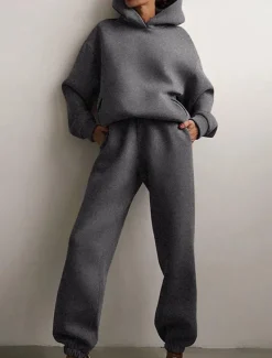 Hot Women's Fashion Streetwear Daily Hoodie Sweatpants Long Sleeve Hooded Plain Casual Daily White Blue Dark Gray Fall Regular Fit Women Two Piece Sets