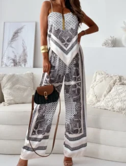 Outlet Women's Fashion Streetwear Daily Camisole Wide Leg Pants Sleeveless Strap Floral Color Block Print Casual Daily Blue Beige Summer Regular Fit Women Two Piece Sets