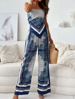 Outlet Women's Fashion Streetwear Daily Camisole Wide Leg Pants Sleeveless Strap Floral Color Block Print Casual Daily Blue Beige Summer Regular Fit Women Two Piece Sets