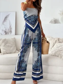 Outlet Women's Fashion Streetwear Daily Camisole Wide Leg Pants Sleeveless Strap Floral Color Block Print Casual Daily Blue Beige Summer Regular Fit Women Two Piece Sets