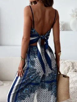 Outlet Women's Fashion Streetwear Daily Camisole Wide Leg Pants Sleeveless Strap Floral Color Block Print Casual Daily Blue Beige Summer Regular Fit Women Two Piece Sets
