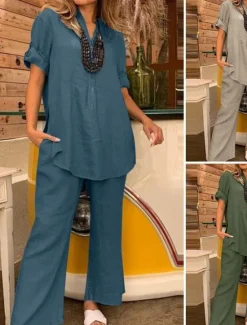 New Women's Fashion Streetwear Shirt Linen-Inspired Sets Two Piece Sets Linen Pants Pants Trousers Short Sleeve V Neck Solid Color Daily Wear Date Green Khaki Light Blue Spring Regular Fit Women Sets