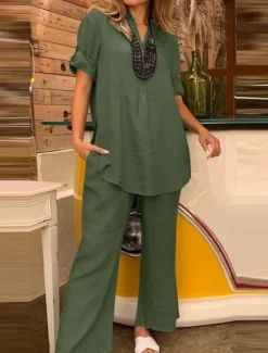 New Women's Fashion Streetwear Shirt Linen-Inspired Sets Two Piece Sets Linen Pants Pants Trousers Short Sleeve V Neck Solid Color Daily Wear Date Green Khaki Light Blue Spring Regular Fit Women Sets