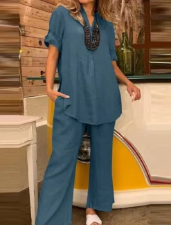 New Women's Fashion Streetwear Shirt Linen-Inspired Sets Two Piece Sets Linen Pants Pants Trousers Short Sleeve V Neck Solid Color Daily Wear Date Green Khaki Light Blue Spring Regular Fit Women Sets