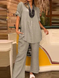 New Women's Fashion Streetwear Shirt Linen-Inspired Sets Two Piece Sets Linen Pants Pants Trousers Short Sleeve V Neck Solid Color Daily Wear Date Green Khaki Light Blue Spring Regular Fit Women Sets