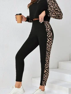 Sale Women's Fashion Streetwear Daily Sweatshirt Chinos Long Sleeve Crew Neck Leopard Print Casual Daily Fall Regular Fit Women Two Piece Sets