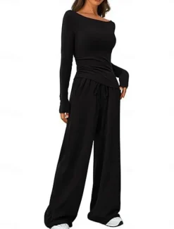 Discount Women's Fashion Streetwear Daily Pants Sets Long Sleeve Crew Neck Plain Casual Daily Black Red Dark Green Summer Regular Fit Women Two Piece Sets
