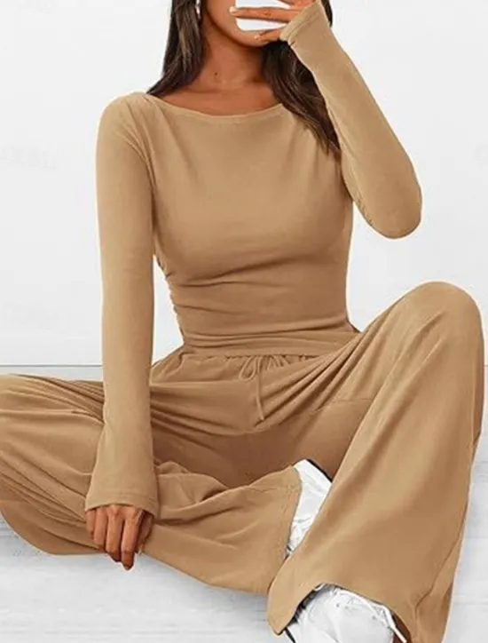 Discount Women's Fashion Streetwear Daily Pants Sets Long Sleeve Crew Neck Plain Casual Daily Black Red Dark Green Summer Regular Fit Women Two Piece Sets