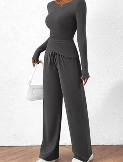 Discount Women's Fashion Streetwear Daily Pants Sets Long Sleeve Crew Neck Plain Casual Daily Black Red Dark Green Summer Regular Fit Women Two Piece Sets