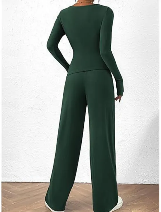 Discount Women's Fashion Streetwear Daily Pants Sets Long Sleeve Crew Neck Plain Casual Daily Black Red Dark Green Summer Regular Fit Women Two Piece Sets