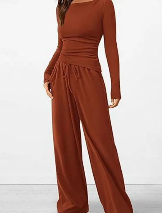 Discount Women's Fashion Streetwear Daily Pants Sets Long Sleeve Crew Neck Plain Casual Daily Black Red Dark Green Summer Regular Fit Women Two Piece Sets