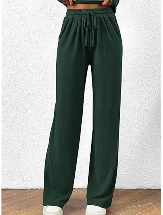 Discount Women's Fashion Streetwear Daily Pants Sets Long Sleeve Crew Neck Plain Casual Daily Black Red Dark Green Summer Regular Fit Women Two Piece Sets