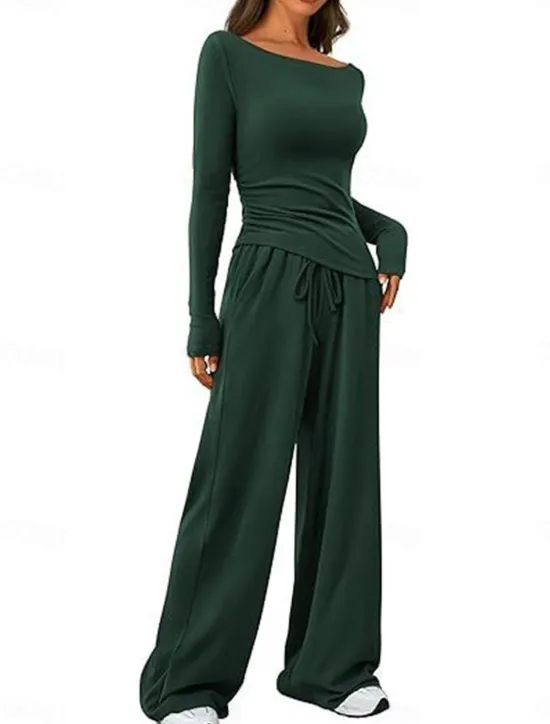Discount Women's Fashion Streetwear Daily Pants Sets Long Sleeve Crew Neck Plain Casual Daily Black Red Dark Green Summer Regular Fit Women Two Piece Sets
