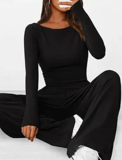 Discount Women's Fashion Streetwear Daily Pants Sets Long Sleeve Crew Neck Plain Casual Daily Black Red Dark Green Summer Regular Fit Women Two Piece Sets